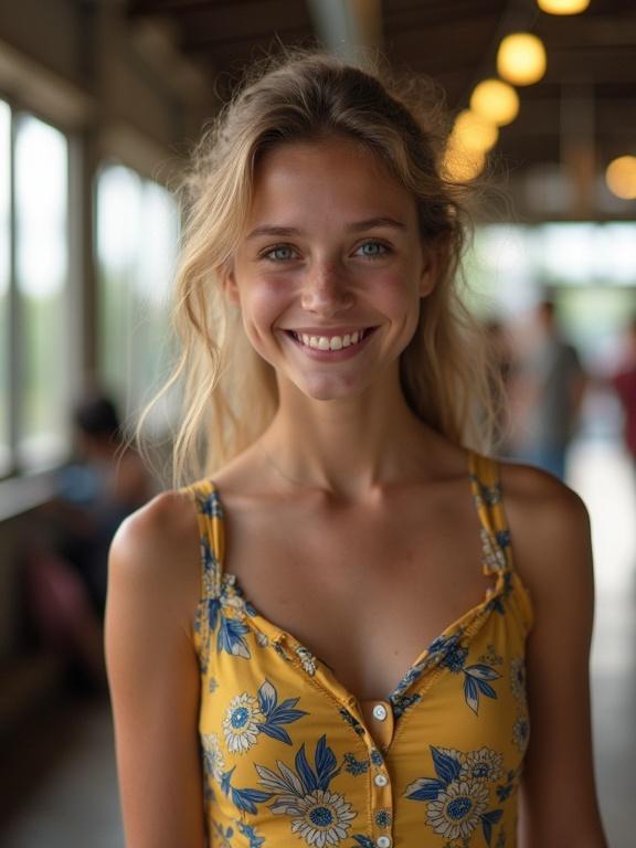 Beautiful teen girl wearing a sundress smiles at a train station. Background shows people at the station. Natural light enhances her features. Sunny atmosphere with a casual feel.