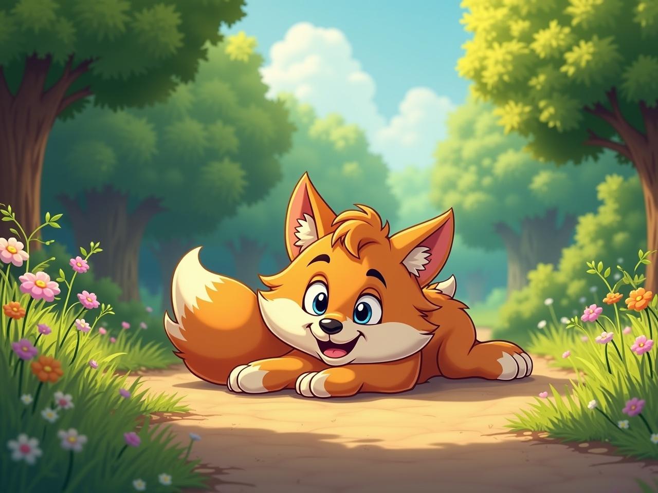 The wolf from the original image is now lying on the ground with its arms relaxed beside its body. It has a playful yet calm expression on its face, contrasting its previous look of pursuit. The wolf's fur is still bright and cartoonish, giving it a whimsical appearance. The background remains a vibrant forest with lush green trees, similar to the original setting. Sunlight filters through the leaves, creating a light-hearted atmosphere. Nearby, the path is dotted with colorful flowers, enhancing the playful scene.