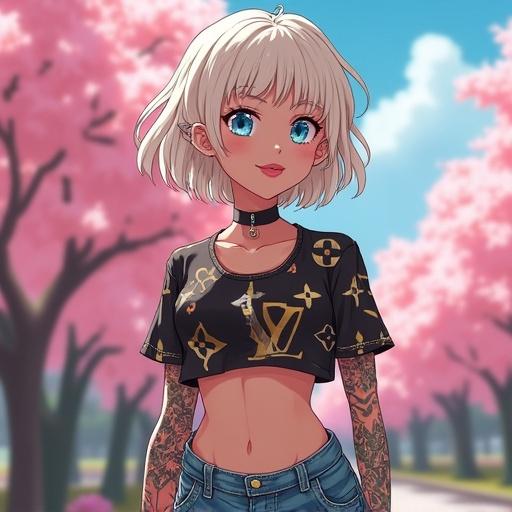 A futuristic anime woman in a park during summer. She has light blue eyes and short light blonde wavy hair. She wears edgy Louis Vuitton streetwear and has colorful tattoos. The environment features cherry blossom trees. She walks confidently, showcasing a glamorous look.