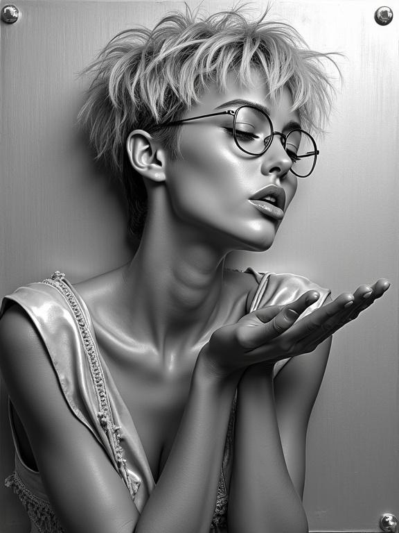 A confident woman blows kisses toward the viewer. She wears glasses and has a tousled pixie cut. Her dress features soft folds and geometric textures in a metallic style. The background is a polished stainless steel plaque.