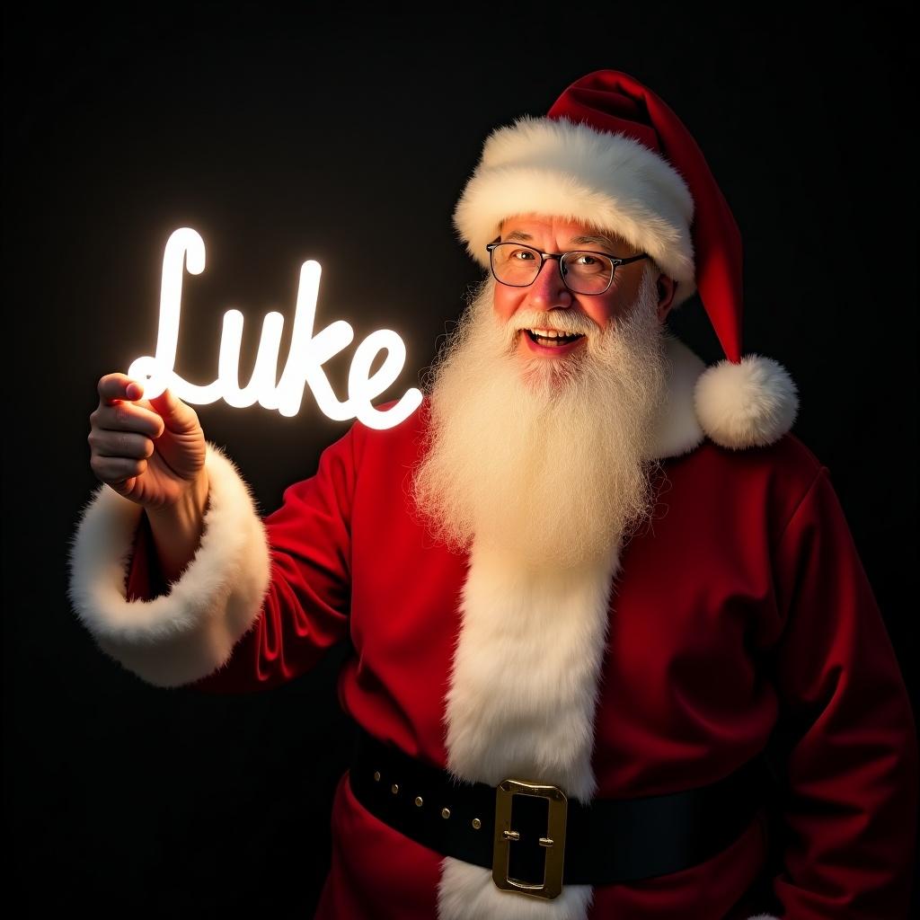 This image features Santa Claus wearing his traditional red and white suit. He is holding a glow stick that forms the name Luke in bright light. Santa's expression is jolly, exuding warmth and holiday cheer. The background is dark, enhancing the glow of the text. This festive scene captures the magic of Christmas and the joy of the season.