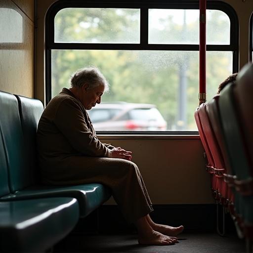 An elderly woman sitting quietly on a bus. She is barefoot and sitting on a bus seat. Soft natural light enters through the bus windows. The focus is on her profile as she appears lost in thought.