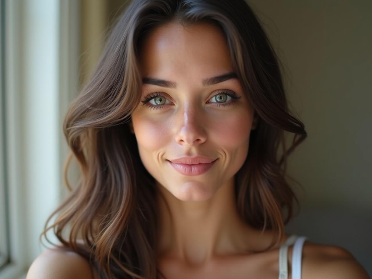 This image features a stunning selfie of a young brunette, exuding a natural and relaxed vibe. She has a neutral expression, drawing attention to her expressive eyes and flawless skin. The background is softly blurred, creating a dreamy effect that emphasizes her face. The natural lighting beautifully highlights the texture of her skin and the subtle shine of her hair. This image captures the essence of casual beauty, reminiscent of a high-quality Snapchat photo. It embodies the simplicity and charm of everyday moments.