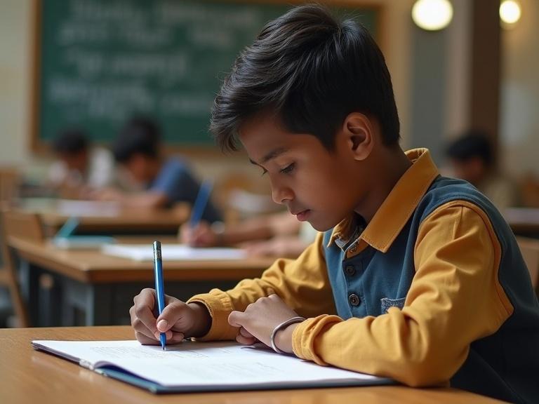 A young boy in a classroom focused on writing. Other students are seen in the background engaged in their activities. The classroom has wooden desks and a chalkboard.