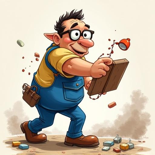 Create a Disney-style illustration of a cheerful man holding a wooden board. The man is wearing glasses and a blue work jumpsuit. He has a playful expression and is depicted in motion, suggesting he is engaging with the board. The scene should feel vibrant and lively.