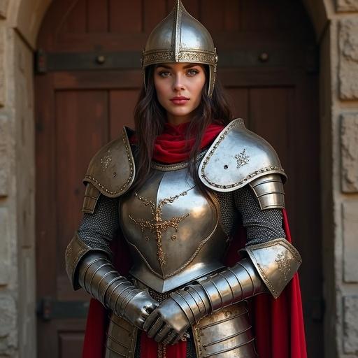 Young woman in medieval armor with a Morion helmet and red cloak poses confidently in a castle setting near a wooden door. She has long brown hair, blue eyes, and is fully armored. The image depicts her complete body in a realistic style.