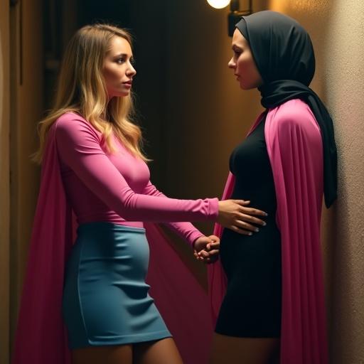 Scene in dark alley with lamp light. A mannequin in black headscarf and dress punches a blonde woman in pink shirt and blue skirt. Another woman in colorful dress and Zorro mask watches excitedly.