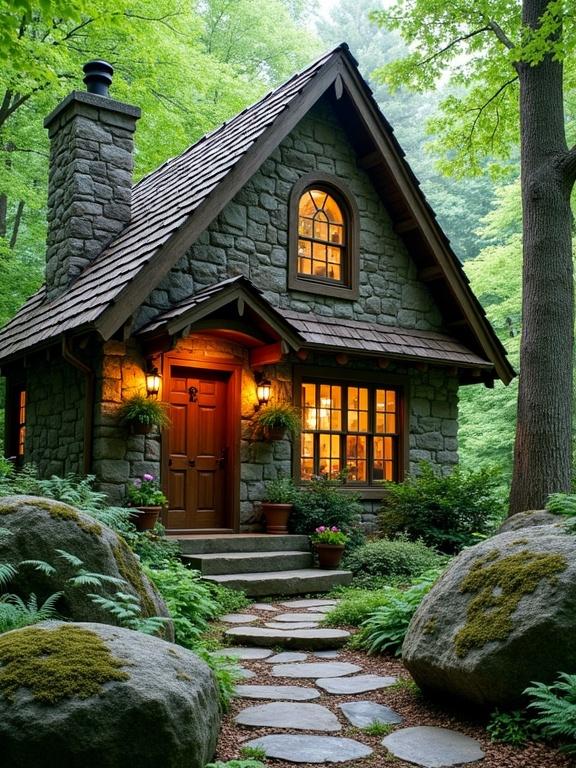 Charming small stone house nestled within lush wooded environment. House of irregularly shaped grey-brown stones with steeply pitched roof and chimney. Arched and rectangular windows with wooden shutters. Wooden door on sheltered porch. Surrounded by greenery, ferns, flowers, and moss-covered rocks. Stone pathway leading to porch. Tranquil and cozy atmosphere.