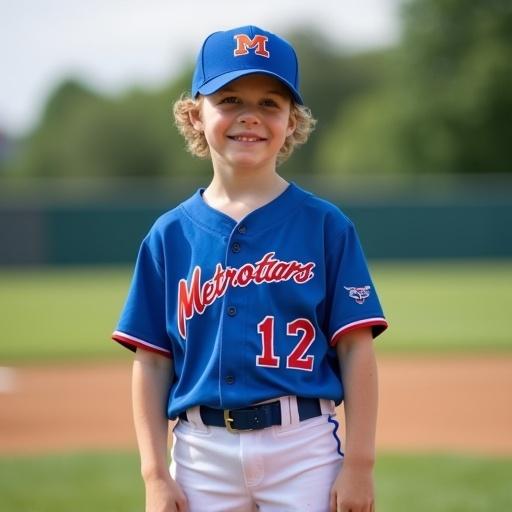 A young boy stands confidently in a blue baseball jersey with the name 'Metrostars.' The jersey number is 12. The setting is a baseball field in Vienna, Austria. Natural lighting enhances the moment.