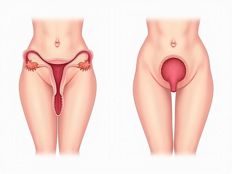 Informative medical illustration showing menopause effects on female reproductive system. Highlight vaginal dryness, thinning tissues, reduced elasticity. Include side comparison pre-menopausal and post-menopausal tissue structure. Style: clean, educational, semi-realistic, professional.