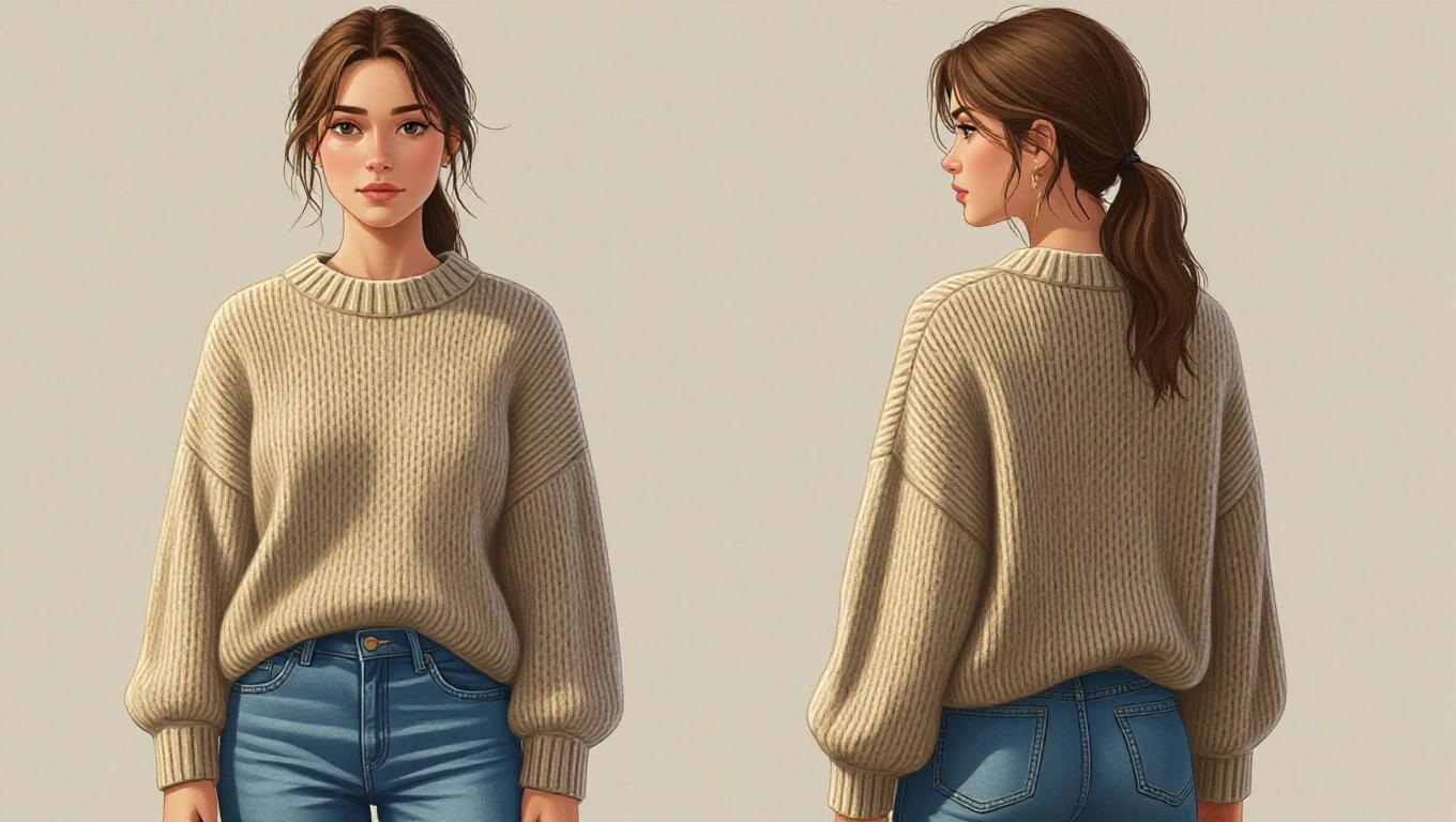 Ultra-realistic comic-style full-body illustration of a tall slim woman. Standing at 179 cm. Wearing oversized wool sweater and worn jeans. Modest outfit suitable for tropical heat. Light skin with minimal makeup. Natural long brown hair loosely tied back. Relaxed reserved posture suggesting introversion. Appearing like a traveling university student. Neutral or softly blurred background with natural lighting. Aspect ratio 16:9 to allow space for text or interface elements.