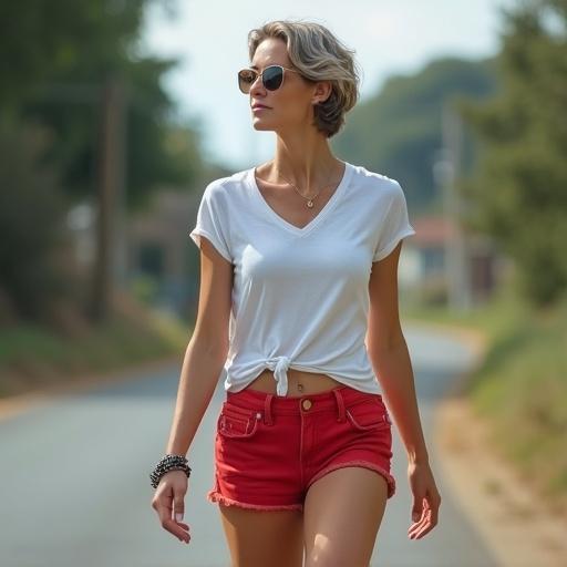 Realistic image of a beautiful woman with short side-parted platinum hair. She is slightly overweight, wearing sunglasses, light blue eyes, red lips, jewelry, a low-cut tank top, and high-cut micro shorts. She walks casually on a street, viewed from behind.