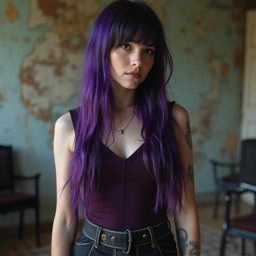 Portrait of a young woman with long dark purple hair. She wears a tank top and a skirt. The background includes a wall with faded maps. Soft lighting enhances her look. The setting has simple furniture and a cozy atmosphere.
