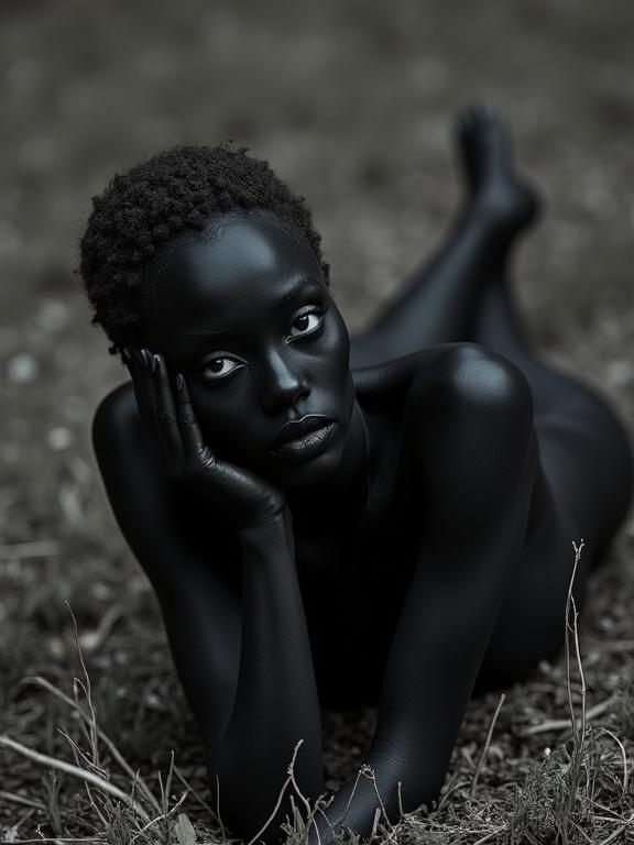 Completely black body painted woman lying on the ground. Thoughtful expression. Soft lighting. Low angle perspective. Artistic pose.