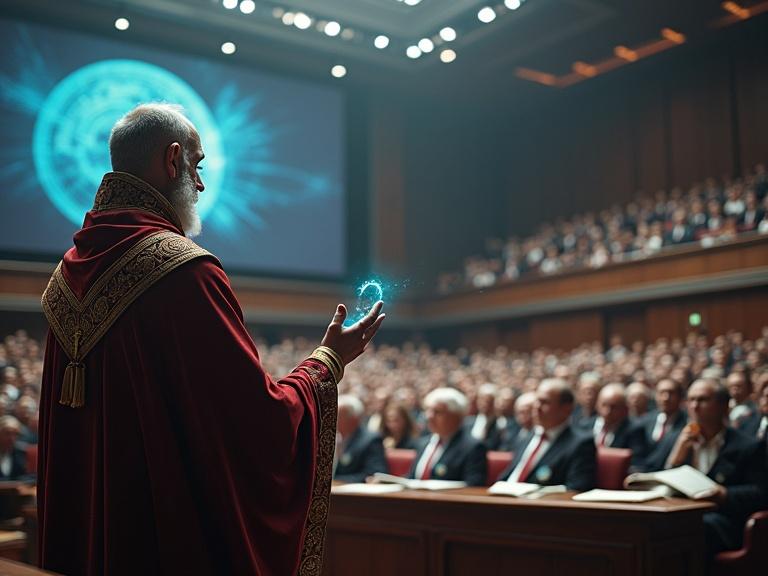 A hyper-realistic scene of a large university auditorium filled with an audience. A figure resembling Nasus from League of Legends in human form stands at the front. Dressed in scholarly robes, he gestures towards ancient texts and displays holographic projections in the air.