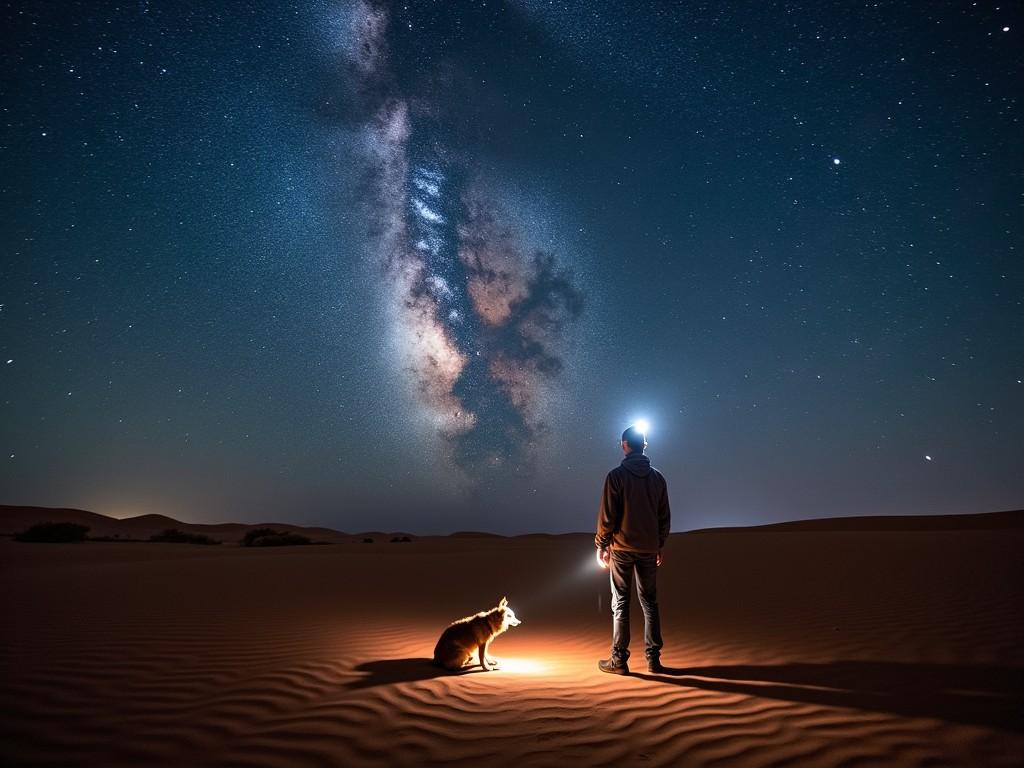 A person and a dog in a desert at night, gazing at a vast starry sky with the Milky Way visible.