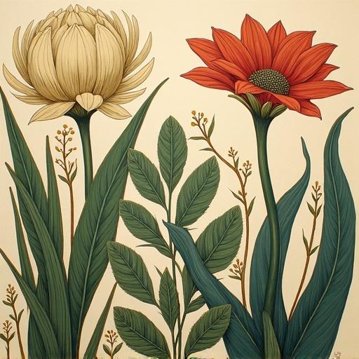 Decorative mural of plants in lithography style. Arts and Crafts design from 1890. Two flowers, one large white and one large red with green leaves.