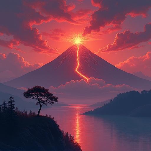 Wallpaper style image for mobile phone showing an erupting volcano inspired by Studio Ghibli