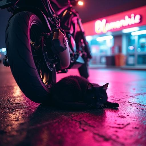 Black cat sleeping under motorcycle in department store parking lot. Neon lighting in pink and blue. Peaceful mood with wet pavement reflecting lights. Quiet city night captured in wide angle.