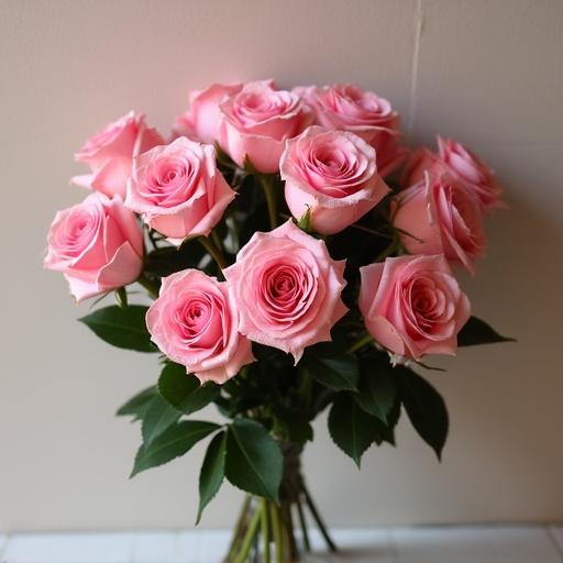A bouquet of pink roses freshly arranged with green leaves.