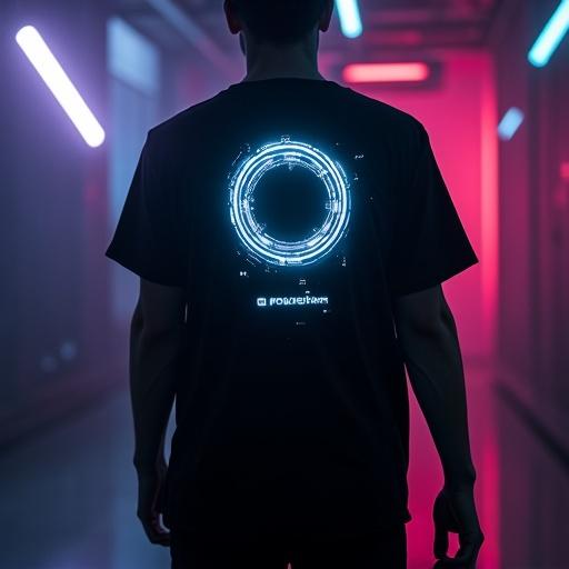 A black premium t-shirt in a cyberpunk environment. T-shirt features a glowing HUD camera aperture symbol in white and neon blue. Below symbol is Russian text 'ФОКУС МЕДИА'. Soft ambient neon lights reflect on the fabric. Model walks through a dark studio with LED lights. Scene evokes energy of modern media production.