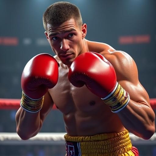 3D image of a motor boxer character in a fighting stance wearing red boxing gloves. Strong physique and muscles defined. Powerful look and athletic posture in a boxing arena.