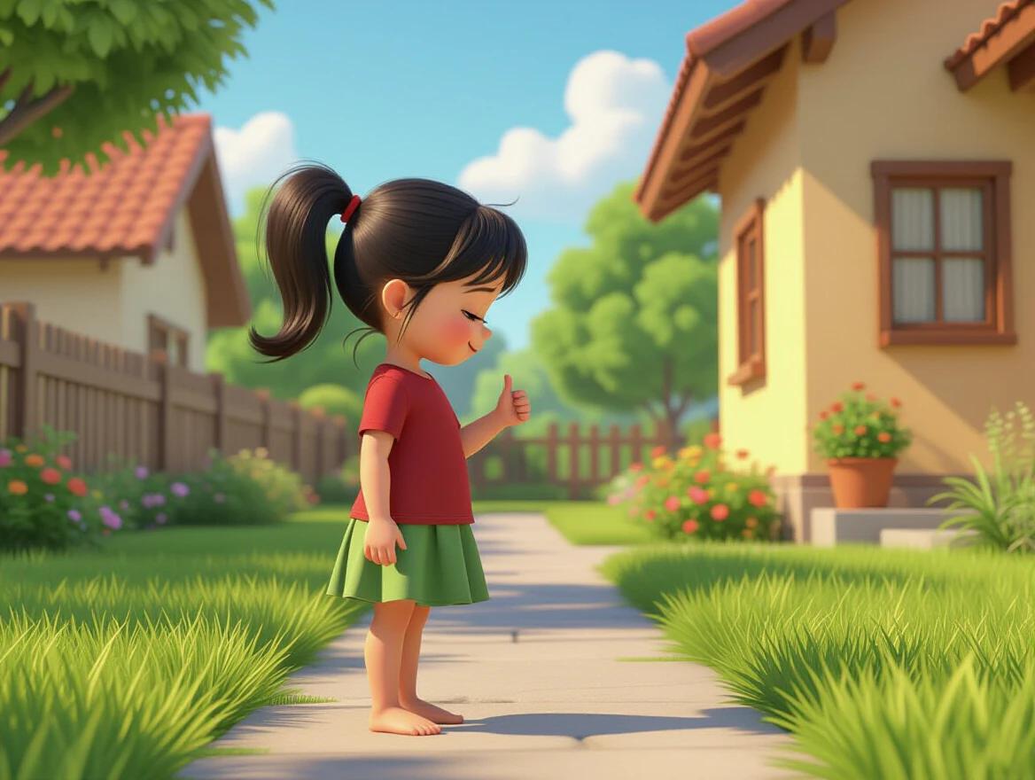 A cute little girl stands on green grass outside a house pathway. A cozy house is in the background with windows and a small garden. It is a bright sunny day with a clear blue sky. The girl wears a maroon t-shirt and a green skirt and is barefoot. She has medium-length black hair tied in a single ponytail and a small red bindi on her forehead. She is looking down with one hand raised showing a thumbs-up gesture. The style is similar to Pixar 3D render.