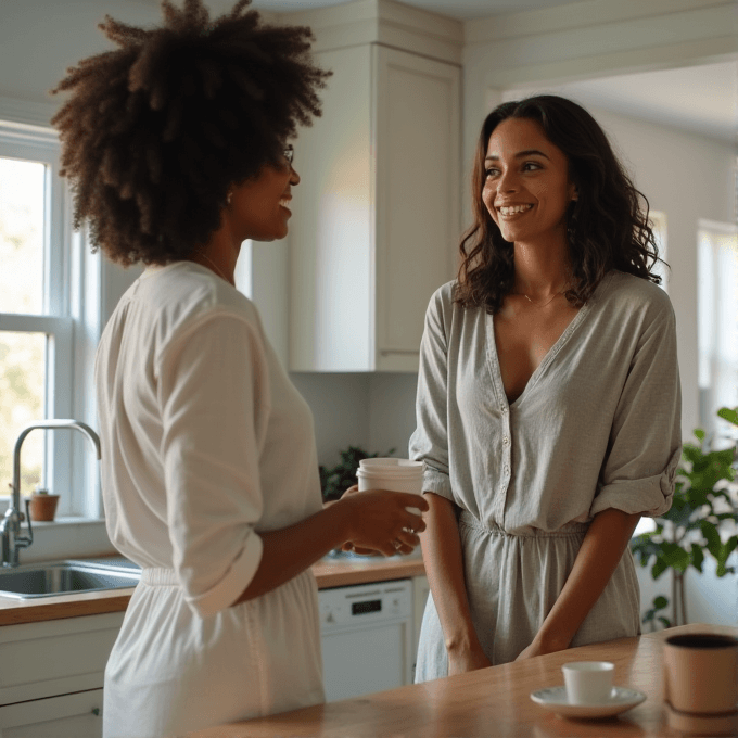 Two women engaging in a cheerful conversation in a bright, modern kitchen setting.