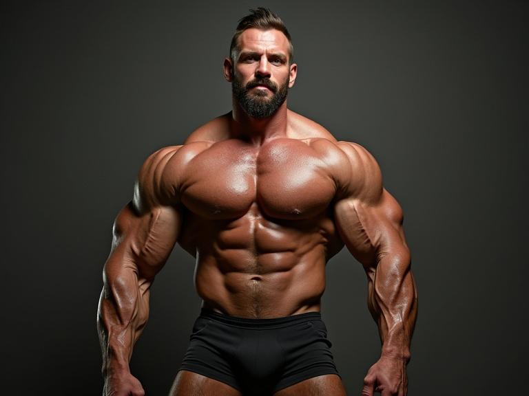 Insanely muscular bodybuilder stands tall in front of many smaller bodybuilders. Featured prominently against a dark background. The bodybuilder towers at 10 feet tall. The smaller bodybuilders measure around 6 feet tall. Two groups showcase contrasting sizes.