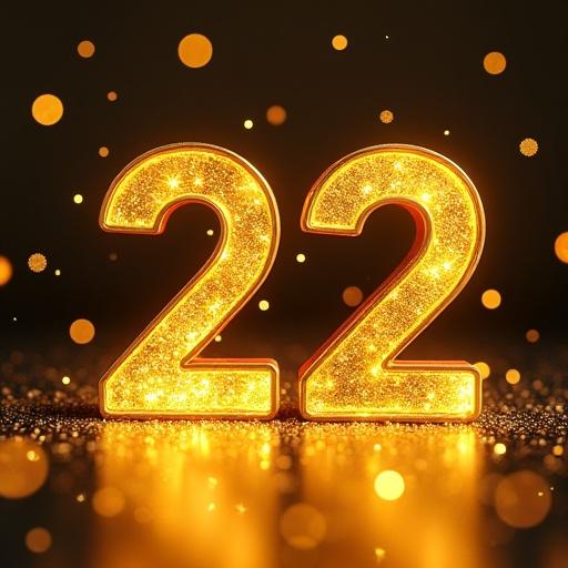 Illuminated golden numbers 22 on a dark background. Sparkling and glowing effect. Represents lottery ticket theme. Glittering dust around the numbers, enhancing the festive appearance.