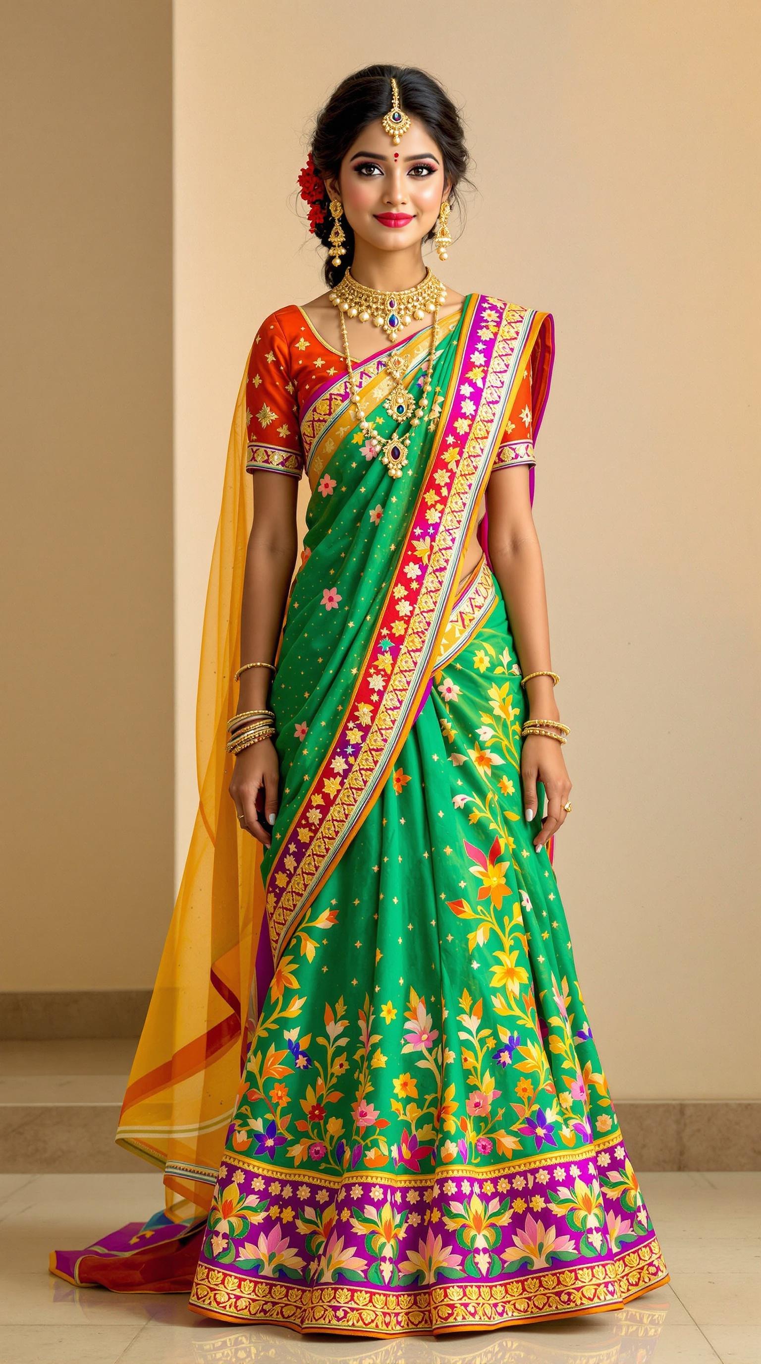 This image features a young woman embodying the essence of an Indian princess. At just 18 years old, she exudes an innocent charm and grace. Dressed in a vibrant lehenga, she showcases intricate embroidery that reflects cultural artistry. Her posture is elegant, and she carries herself with simplicity and poise. The color palette is a rich mix of green, gold, and vibrant accents, emphasizing her youthful beauty and traditional attire.