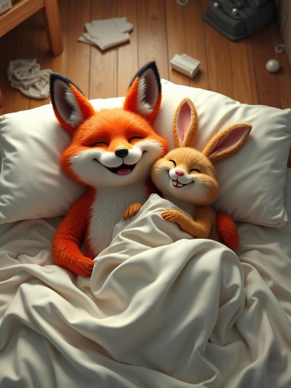 Top-down view of a smiling fox and a happy rabbit in bed. Fox has closed eyes and a large smile. Rabbit cuddles beside fox. Bed is covered with rumpled white sheets. Room is messy with scattered clothes.