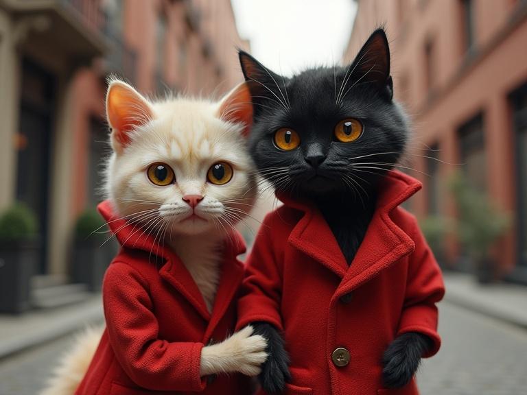 Two cats wearing red coats stand on a street in New York. One is a fluffy yellow cat and the other is a large black cat with monster-like features. The vibrant urban setting serves as the backdrop for the adorable duo.