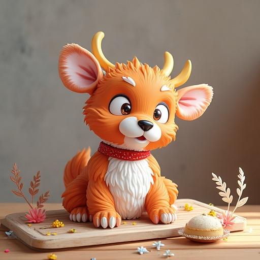 Image of an animated fox character designed for office environment. The fox is orange with white fur and friendly expression. The character is placed on a wooden table surrounded by colorful plants. Soft lighting creates a warm atmosphere. The image symbolizes innovation in office greenery and happiness.