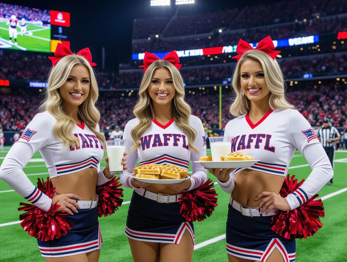 Three cheerleaders in sporty outfits smiling at the camera. They hold trays with waffles and milk. Bright stadium atmosphere surrounds them. Fans are visible in the background. Cheerleader uniforms say WAFFL on them. Their poses are energetic and lively.