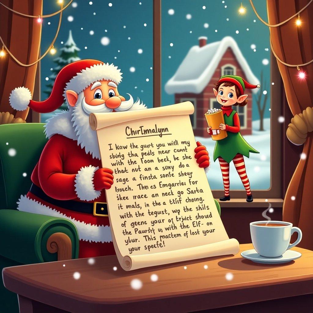 Santa Claus writes a letter in a cozy North Pole setting. Colorful decorations adorn the room. An elf holding a drink assists nearby. Snow gently falls outside the window.