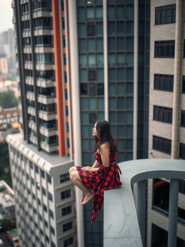 A young woman in a red checkered dress sits on the edge of a tall building, gazing pensively at the cityscape below. The towering skyscrapers around her create a dramatic urban backdrop, while the muted tones convey a sense of introspection and solitude. Her pose suggests both confidence and vulnerability within the vast, sprawling city environment.