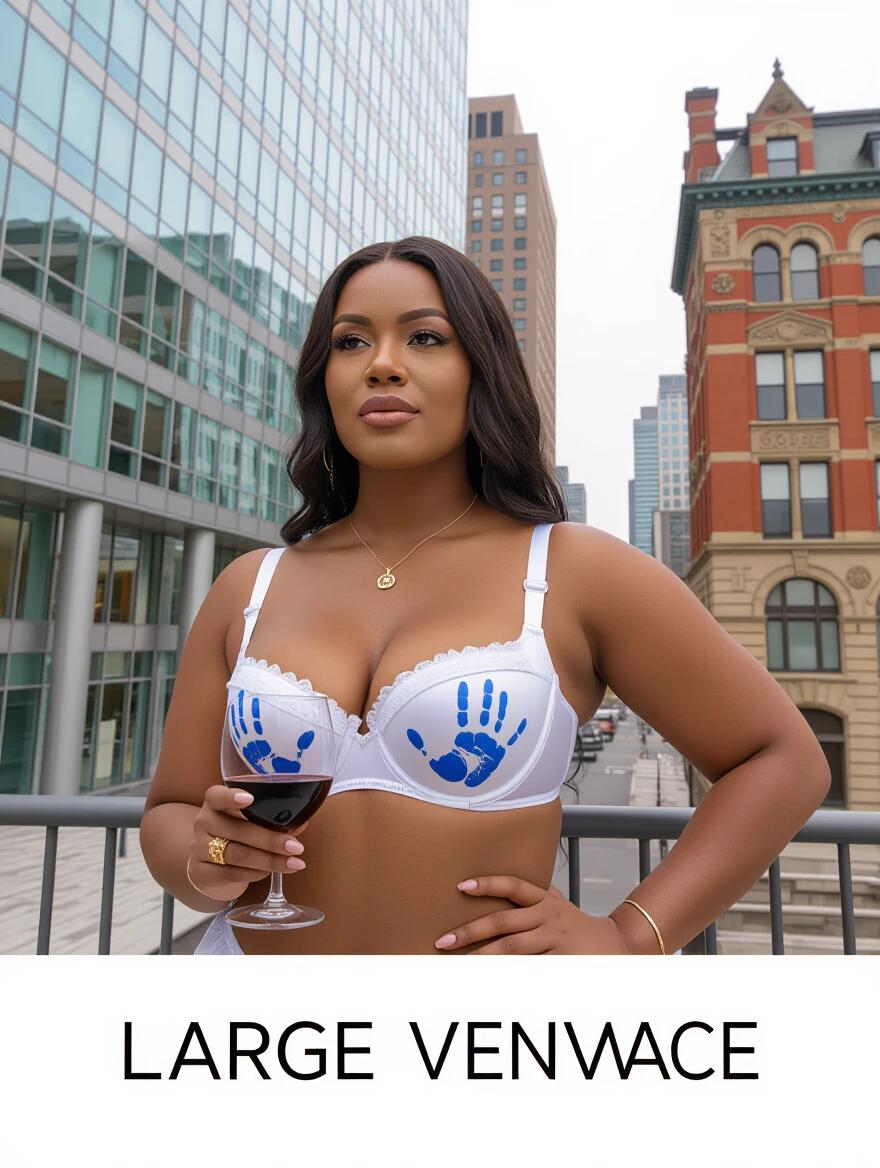Photograph of a woman standing outside a modern building. She has a neutral expression and is looking to her right. She is dressed in a frilly white bra with blue hand-prints. In her left hand, she holds a glass of red wine. She wears a gold pendant necklace. The background features a mix of modern glass buildings and a historical red-brick structure. The scene is illuminated by natural daylight.