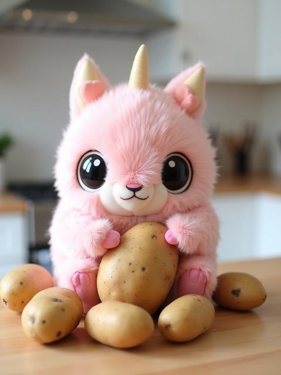 An adorable pink fluffy creature with large eyes holds a potato. It sits on a pile of potatoes in a bright kitchen with light wood countertops in a clean, modern setting. The atmosphere is whimsical and playful.