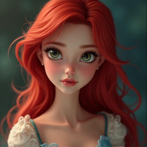 Very detailed realistic portrait of a girl resembling Ariel from Disney. Girl has long red hair and large green eyes. Soft facial features.