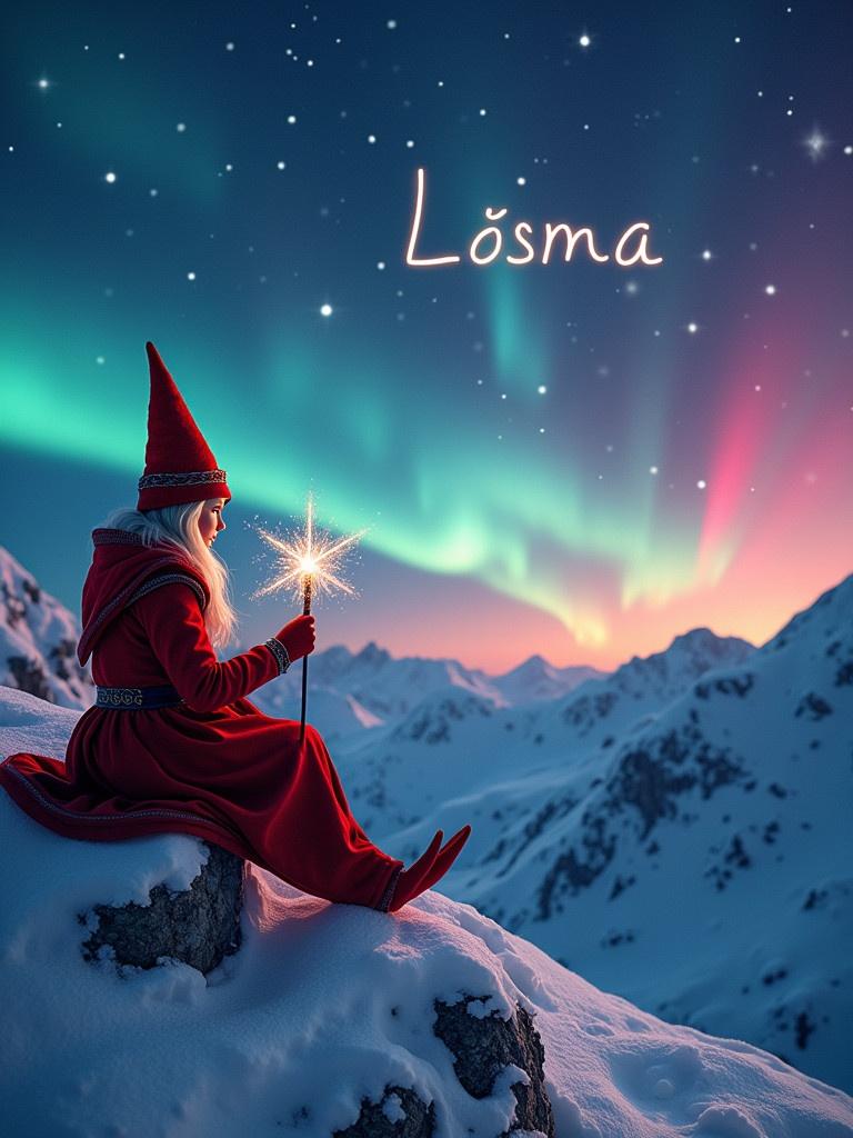 A traditional red elf sitting on a snowy mountain holding a magic wand. The elf writes the name Lāsma glowing in the starry sky. Northern lights shine with red, cerulean, and purple colors on the horizon.