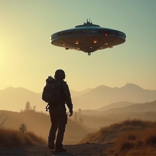 A man in a black outfit with a backpack stands on a dirt path looking up at a UFO. The UFO is hovering above mountains during sunset. The sky has a warm golden hue and the landscape is rugged.