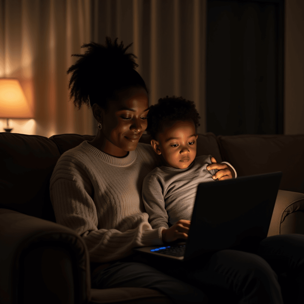 A woman and a child sit together on a couch, looking at a laptop screen in a cozy room with warm lighting.