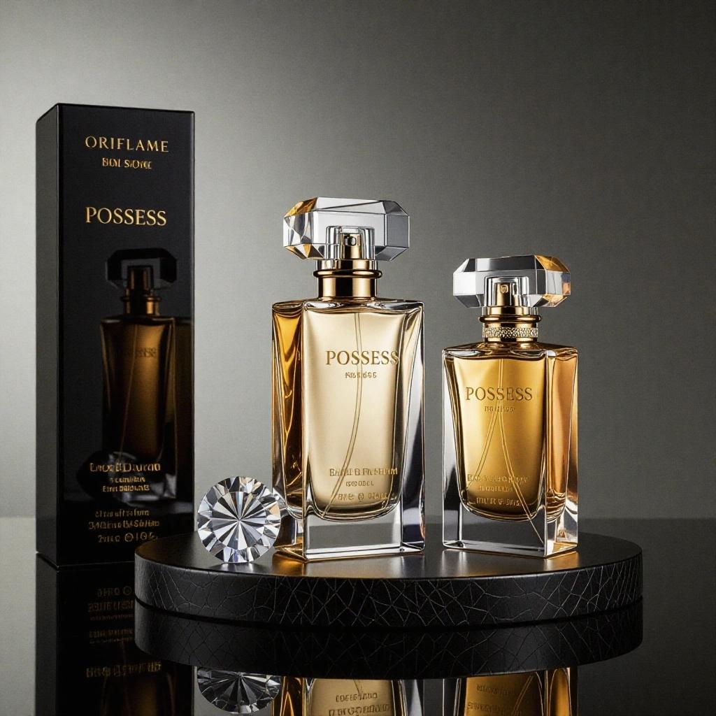 3D realistic advertising poster for the POSSESS range from Oriflame featuring various fragrance products and a luxurious display setting.