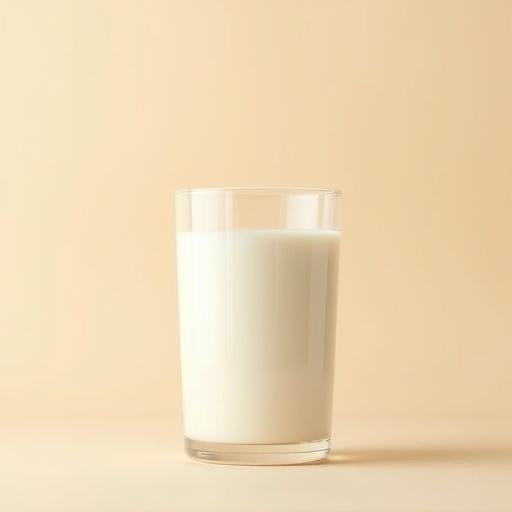 A glass of milk on a beige background. Soft daylight illuminates the scene. The layout is clean and simple. The image is photorealistic.