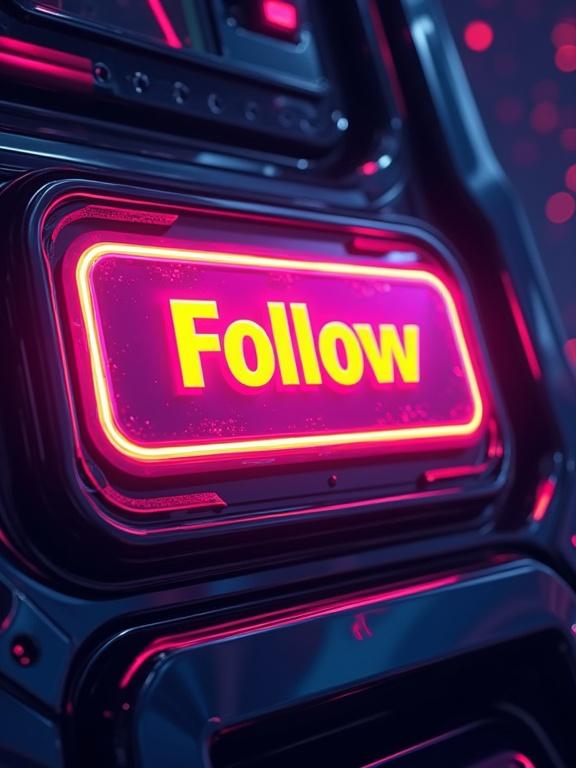 Futuristic digital interface with a glowing 'Follow' button. Comic-style design with cyberpunk colors. Features bold outlines and dynamic glow effects. Evokes a pop-art vibe.