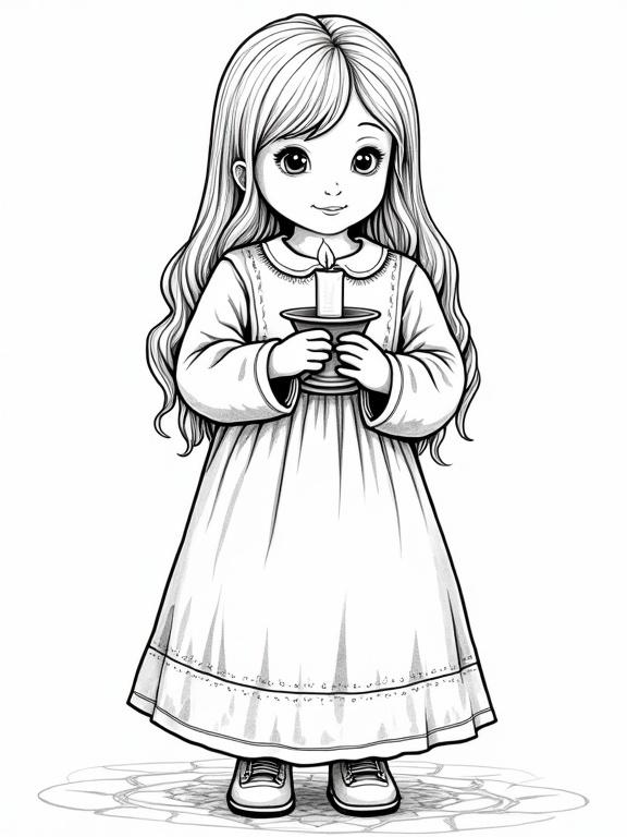 A coloring book page featuring a Russian girl holding a candle in a cartoon style. The illustration is designed for detail and large spaces between lines for easy coloring.