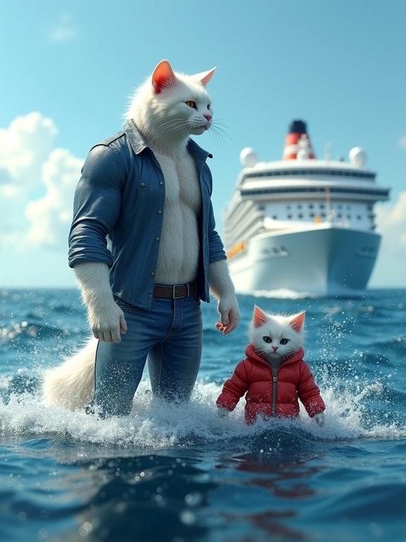 Detailed 3D animation features anthropomorphic white cat and cute kitten in ocean. Powerful father cat in blue jeans and shirt protects kitten in red jacket. Bright daylight illuminates scene with cruise ship in background. Vivid blue water and dynamic splashes create a heartwarming moment.