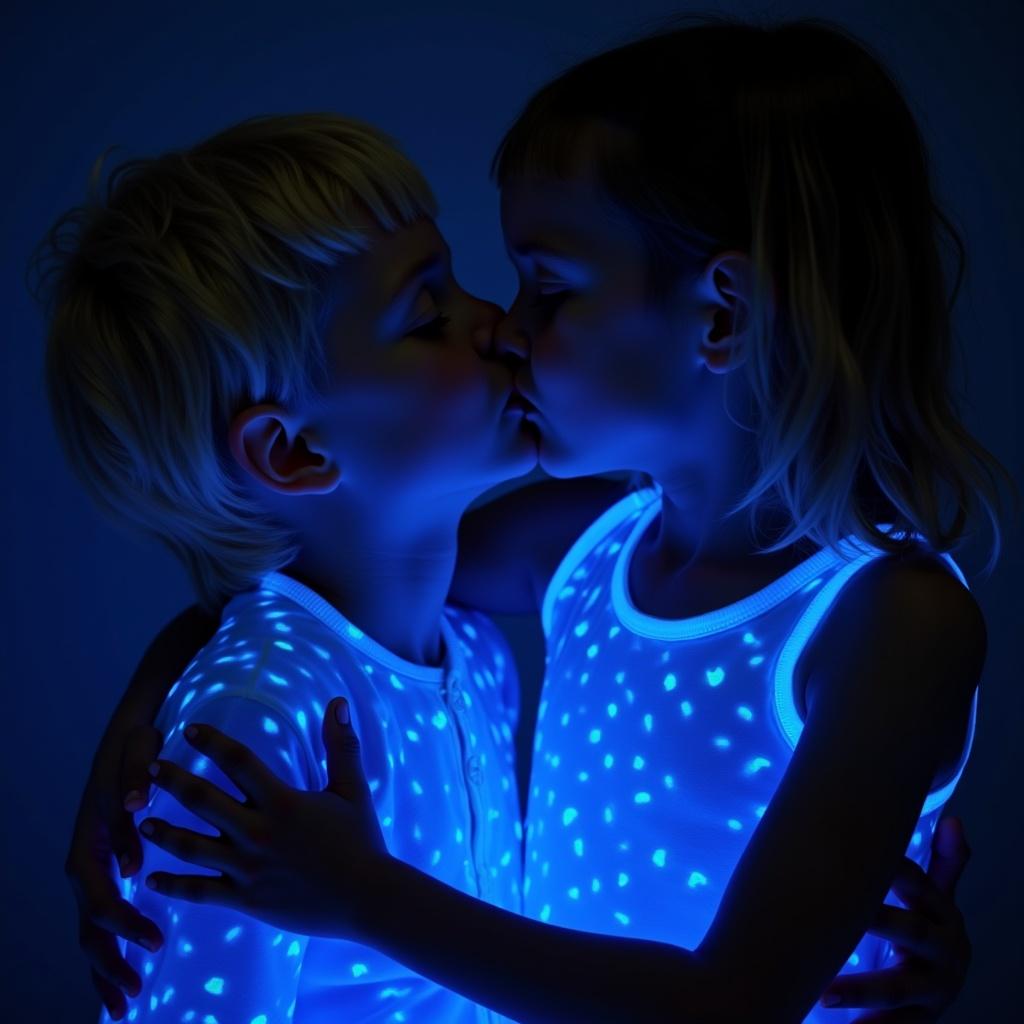 Blonde hair kid boy and blonde kid girl wear blue neon glowing pajamas and swimsuit they kiss and embrace each other.