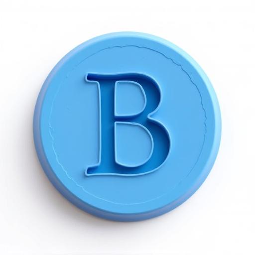 3D render of a circular stamp in blue color. The diameter is 35mm and thickness is 8mm. Stamp made of matte blue PLA plastic showing layer lines. Monogram 'IB' raised 3mm from the face. The 'I' serif forms the back of the 'B'. T-bar handle attached at the back for grip. Stamp at a 45-degree angle on white background.